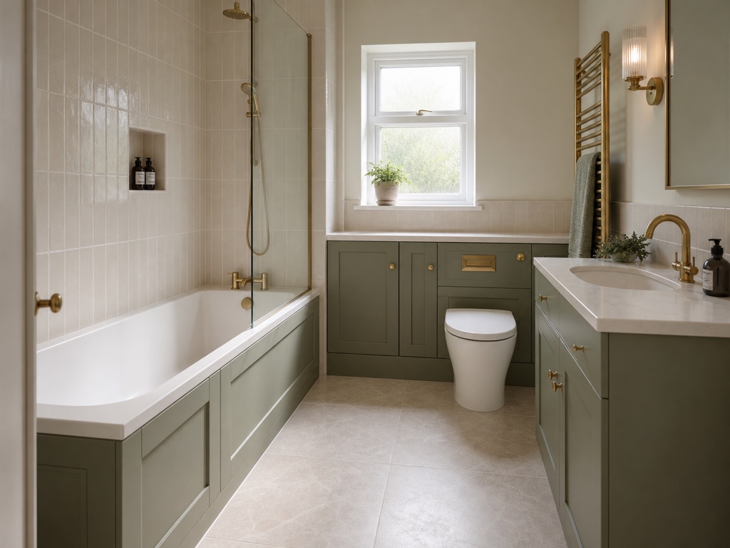 Concept image of a calm, practical family bathroom with a shower over the bath, fitted storage and warm-metal fittings